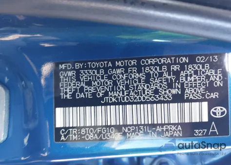 2013 Toyota Yaris Le z USA, uszkodzony, nr VIN JTDKTUD32DD563433